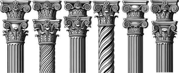 Naklejka premium Classical Greek columns collection, Corinthian architecture pillars set, antique stone capitals, ancient temple architecture, decorative historic columns