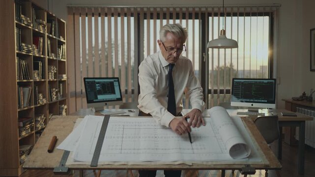 Mature architect drawing on blueprint at drafting table in office during sunset. Professional engineer working on construction project with computers in background. Concept of business planning.