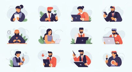 Fototapeta premium A grid of twelve stylized individuals engaged in various activities, mostly using devices