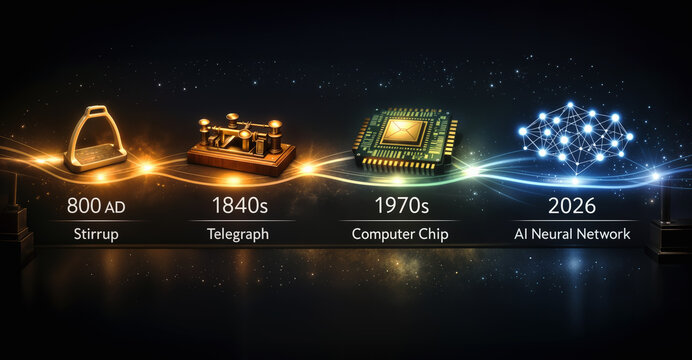 Stirrup 800 AD telegraph 1840s computer chip 1970s AI neural network 2026 horizontal timeline glowing milestones museum exhibit dark background technological evolution