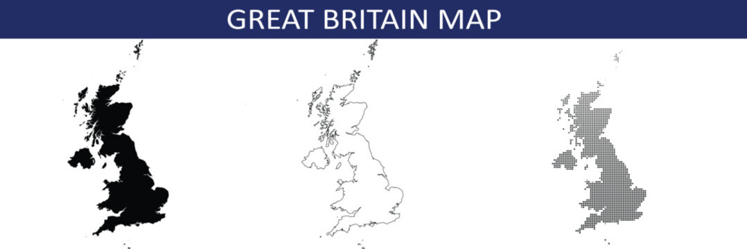 Great britain map in black, outline and halftone dots style vector illustration.
