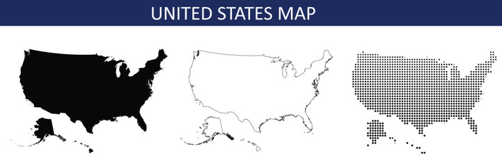 United States map in black, outline and halftone dots style vector illustration. © Marjahan