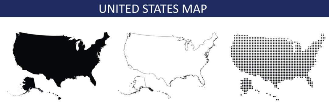 United States map in black, outline and halftone dots style vector illustration.
