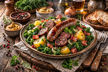 Obraz premium Grilled sausage with kale, potatoes and bacon rustic dinner plate