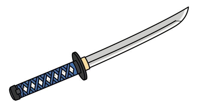 Japanese Katana Sword Illustration, Samurai Weapon with Blue Handle