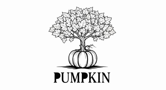 A stylized drawing shows a pumpkin with a tree growing from its top