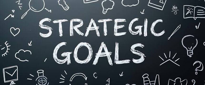 Handwriting Strategic Goals on a chalkboard with animated doodles; slow camera pan, ambient light flickers; cinematic style, perfect for business strategy and planning content.
