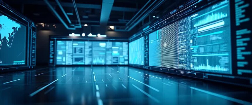 Futuristic data center with digital screens displaying global analytics, as ambient lights flicker subtly; a slow cinematic pan highlights advanced technology and innovation.