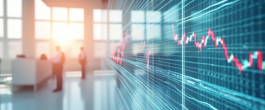 Cinematic view of dynamic stock market graphs with data points fluctuating, as the camera slowly pans across a sunlit office scene where blurred figures converse, capturing financial trends.
