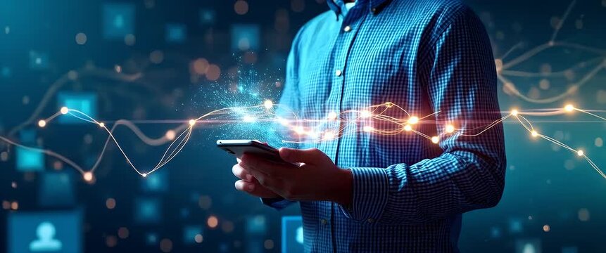 Business professional interacts with a digital interface on a smartphone, while the camera slowly tracks right; virtual icons animate dynamically in a futuristic, cinematic style.