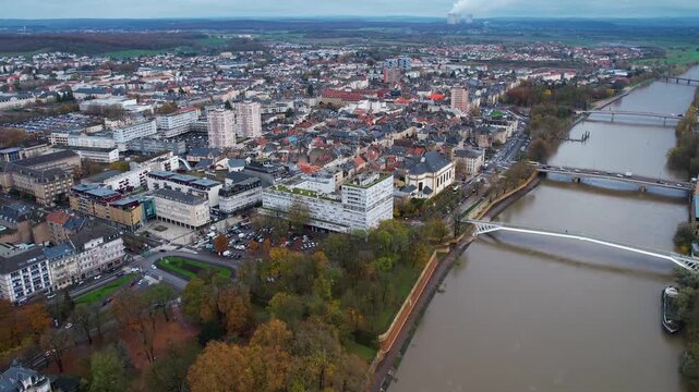 An panoramic aerial view of the old town city Thionville in France on a cloudy noon in autumn.. 