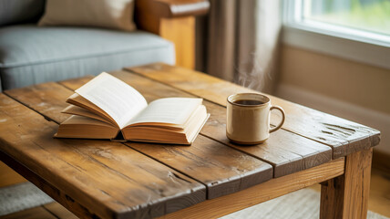 Naklejka premium Wooden coffee table with open book and steaming coffee mug indoors wooden table