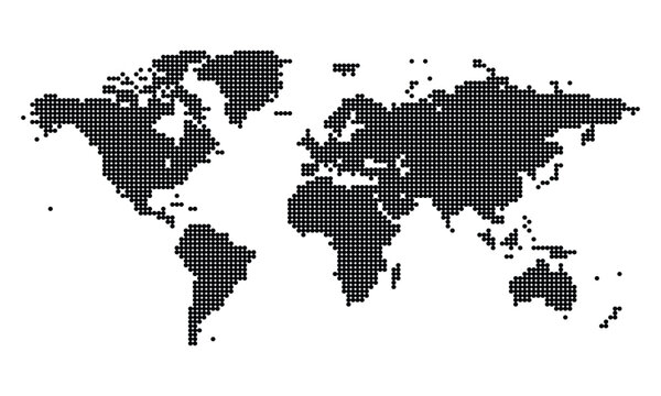 Black pixelated and halftone style world map on for global navigation and geography concepts