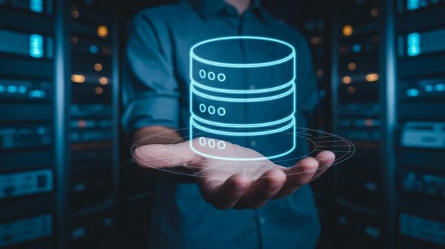 Hand holding backend server hologram database connection concept 4K 