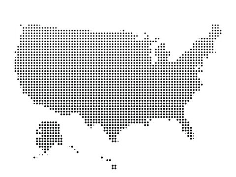 Halftone dot Map of the United states composed of small dots and halftone style vector illustration.