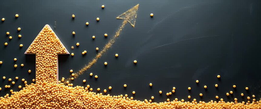 Golden beads form an upward arrow on a black background, symbolizing growth; the camera slowly pans as a soft breeze scatters beads, creating a dynamic, minimalist, and cinematic scene.