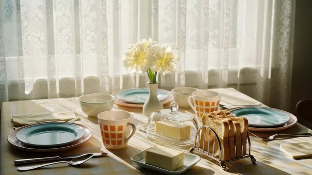Golden morning sunlight through white curtains illuminates breakfast table with bread slices, butter, ceramic mugs, plates, bowls, cutlery, fresh flowers in vase, cozy vintage kitchen atmosphere