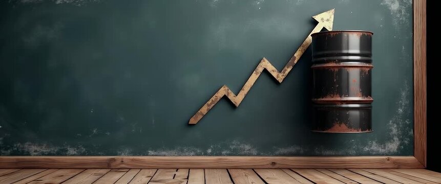 Oil barrel rises against a chalkboard with an ascending graph; slow pan reveals economic growth theme; textured, cinematic style highlights business and finance concepts.
