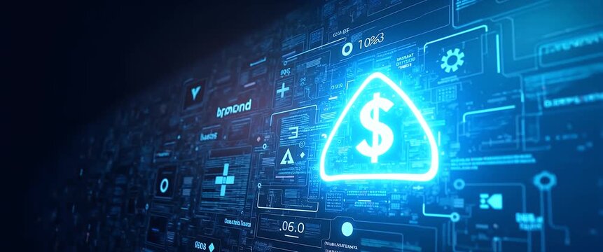 Digital currency symbols pulse with glowing light in a futuristic financial interface, as the camera slowly pans across a high-tech, cinematic landscape, evoking innovation and technology.