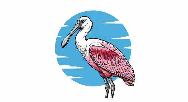 Stylized drawing of a pink spoonbill bird standing against a blue sky backdrop