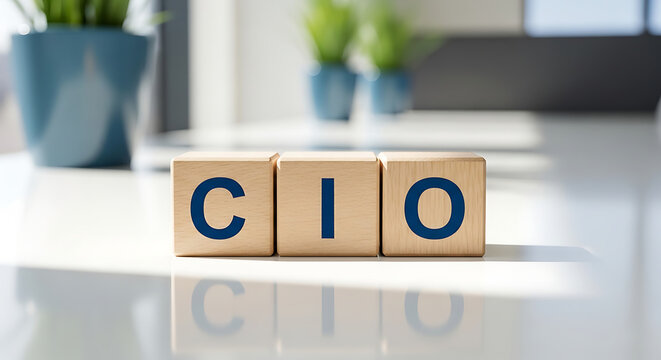 CIO letters on wooden blocks on office desk with plants