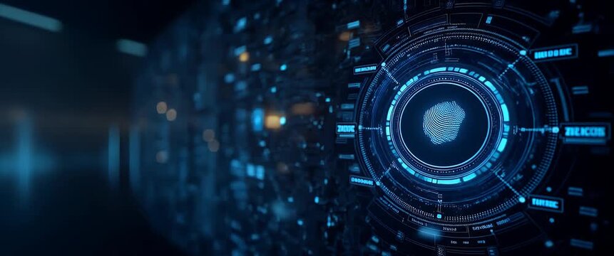 Futuristic digital technology interface with rotating fingerprint scanner, slow camera pan across a high-tech control panel, ambient lights flicker, cinematic style.