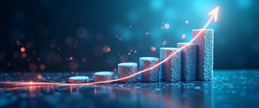 Ascending bar graph with glowing arrow, symbolizing growth, as camera slowly pans across a futuristic blue digital landscape with particles gently drifting, in a cinematic style.