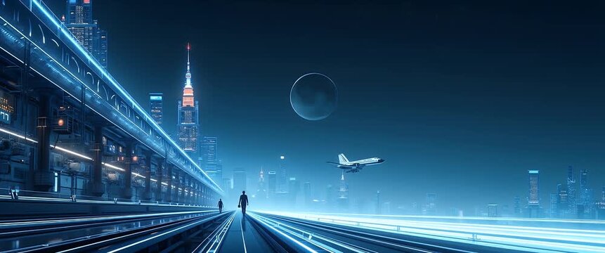 Futuristic cityscape with neon lights streaking across a digital highway, creating dynamic motion; camera smoothly pans along the skyline in a cinematic style, showcasing urban innovation.