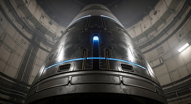 Low-angle view of a futuristic space capsule inside a metallic, circular launch silo