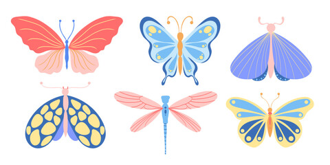 Collection of abstract illustrations with butterfly, dragonfly and moth in bright colors. Set of insects © Tetianka