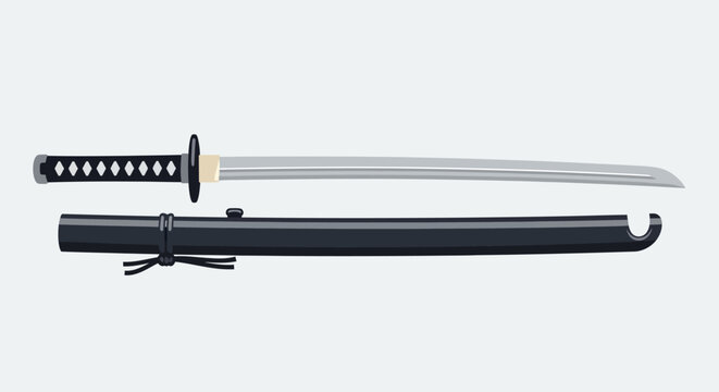 Japanese Katana Sword and Scabbard Isolated on White Background - Vector Illustration