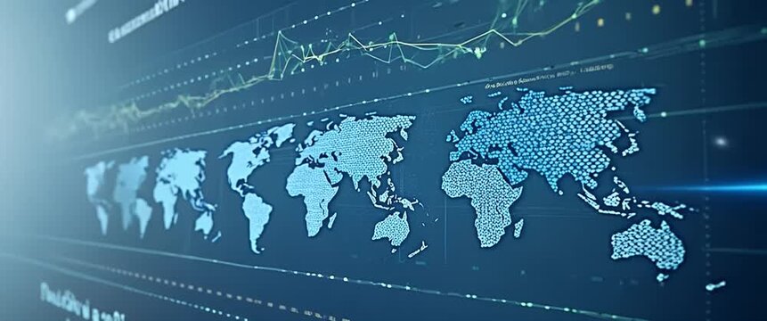 Cinematic world map animation with data visualization, gentle ambient light flickering, and a slow camera pan enhances the global finance and technology theme, offering ample copy space.