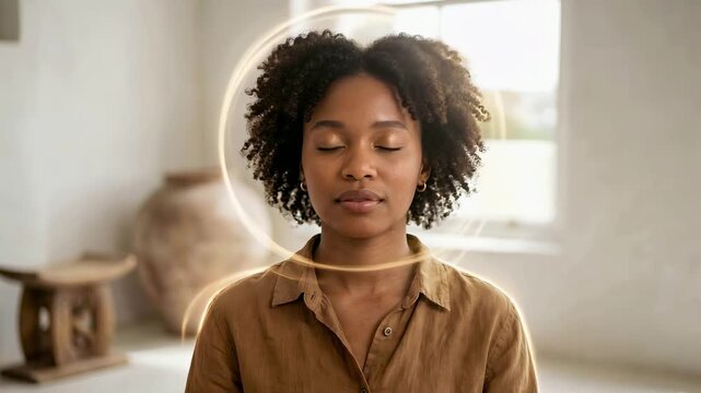 Young black woman meditating quietly in bright indoor space  