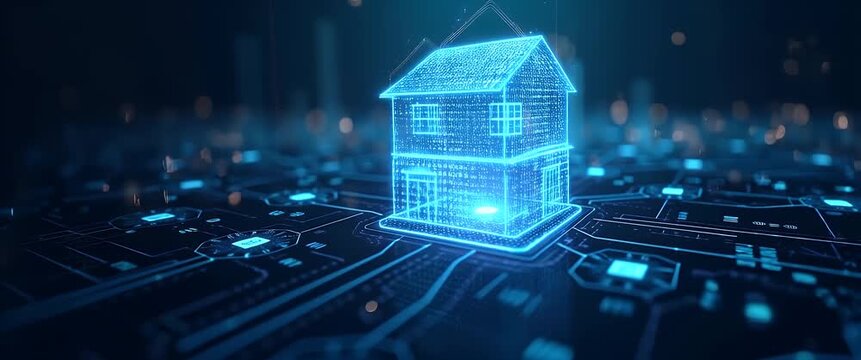 Futuristic digital house hologram rises from a circuit board, with glowing lights flickering gently; smooth pan across the high-tech, cinematic landscape.