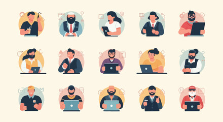 Fototapeta premium Diverse collection of pixelated professional people engaged in various tasks