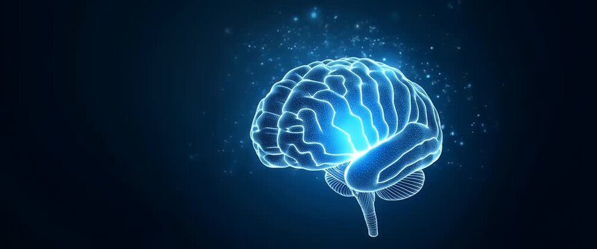 Glowing digital brain pulses with light as camera slowly pans, highlighting neural connections in a futuristic, cinematic style, perfect for technology and innovation themes.