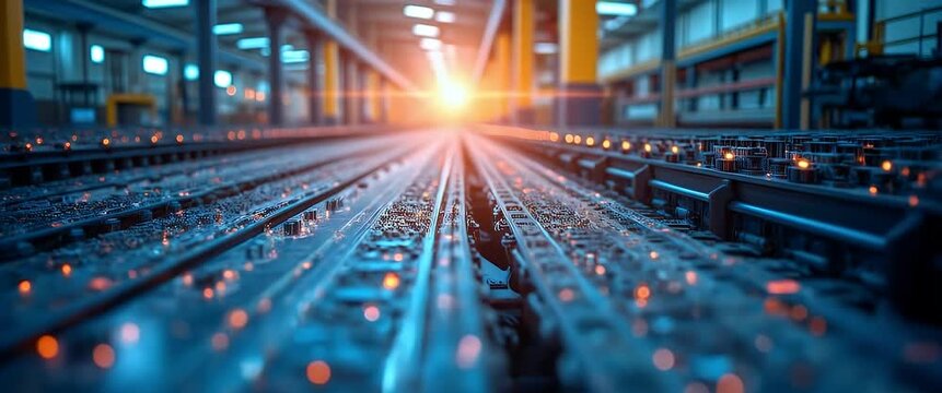 Cinematic close-up of a high-tech factory conveyor belt in motion, with a slow camera pan capturing the dynamic assembly process and ambient industrial lighting, showcasing innovation and technology.