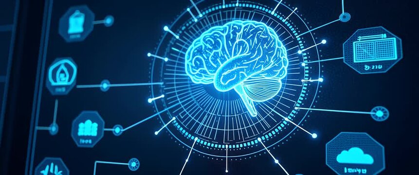 Digital brain blueprint animates with glowing lines in a futuristic interface, as the camera slowly pans across the high-tech screen in a sleek, cinematic style.