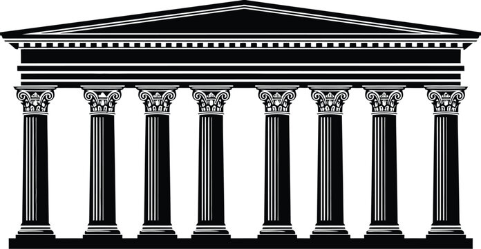 Black silhouette of a Greek temple with ionic columns and a pediment