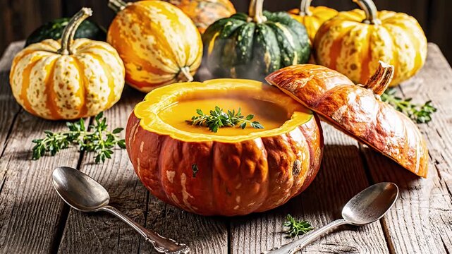 Creamy pumpkin soup served in a squash bowl on rustic wooden table