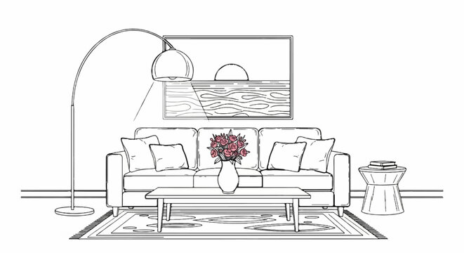 Sketch of a cozy living room with a sofa, coffee table, and arc lamp