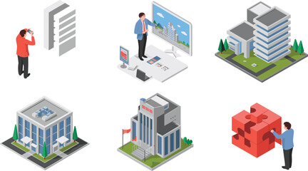 Isometric architecture design and building development concept set with architects, modern buildings, construction planning illustration collection