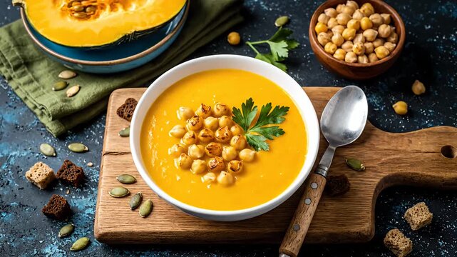 Creamy pumpkin soup with chickpeas, parsley, and croutons