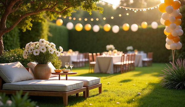 A charming outdoor garden party decoration with an elegant lounge area in the front and a backdrop of neatly arranged dining tables, festive balloons, and decorative lights.