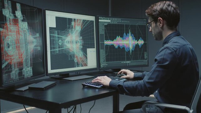 A focused man works on three monitors displaying 3D schematics and graphs in a dark room. This scene conveys innovation and concentration. Perfect for technology and engineering concepts.