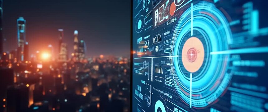 Futuristic data dashboard with dynamic analytics graphics illuminate as camera pans across a vibrant cityscape at dusk, cinematic style.