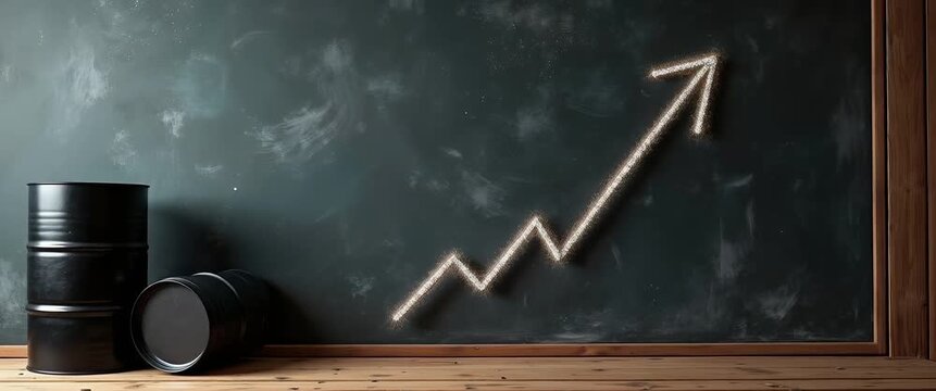 Oil barrels gently sway on a wooden surface as a chalk-drawn arrow rises sharply on a blackboard; the camera pans slowly for a cinematic, business growth concept video.