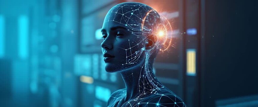 Futuristic AI entity with glowing neural network, gently rotating in digital environment; camera slowly pans across high-tech server room, capturing ambient light flicker in cinematic style.