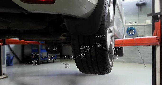 Rear right wheel dropping as lift arm moving, automotive data overlays updating alignment readings