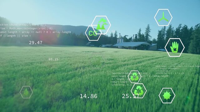 Farm field showing sun-glare triggered hex icons floating, updating numbers and showing eco data